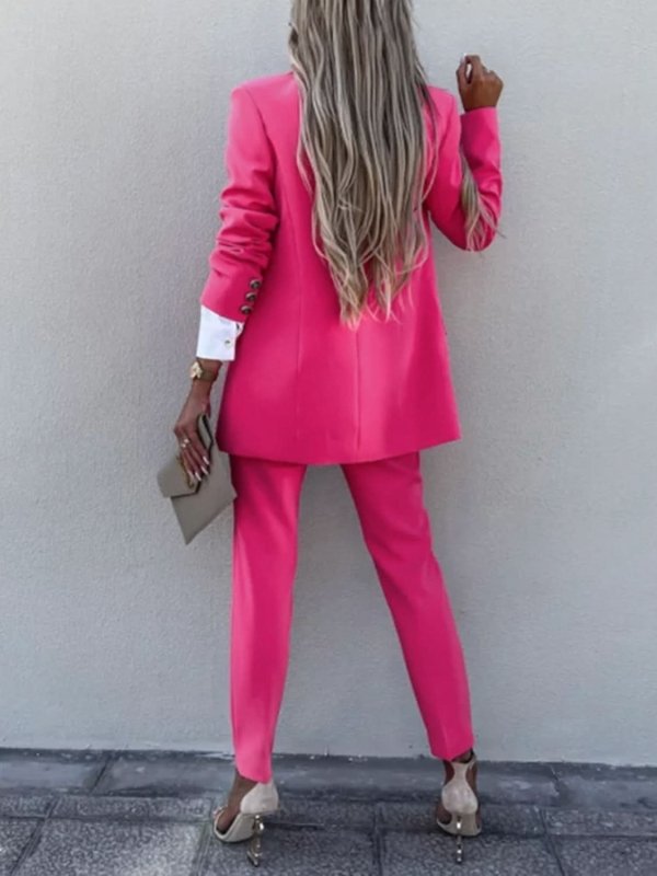 Lapel Collar Long Sleeve Blazer and Pants Set - ShalayeFashion