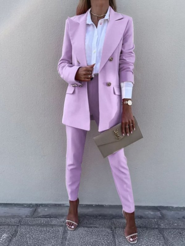 Lapel Collar Long Sleeve Blazer and Pants Set - ShalayeFashion