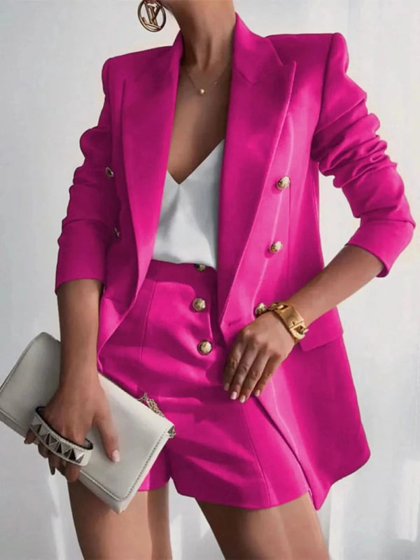 Lapel Collar Long Sleeve Blazer and Shorts Set - ShalayeFashion