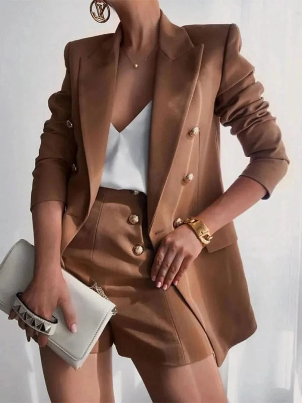 Lapel Collar Long Sleeve Blazer and Shorts Set - ShalayeFashion