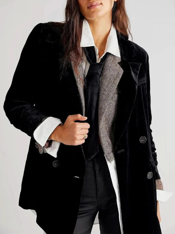 Lapel Collar Long Sleeve Blazer with Pockets - ShalayeFashion
