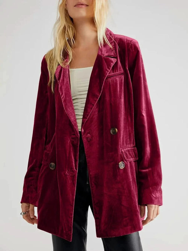 Lapel Collar Long Sleeve Blazer with Pockets - ShalayeFashion