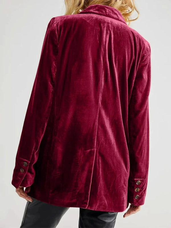 Lapel Collar Long Sleeve Blazer with Pockets - ShalayeFashion