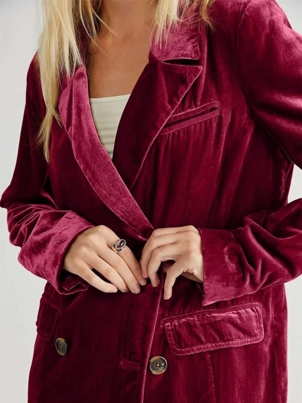 Lapel Collar Long Sleeve Blazer with Pockets - ShalayeFashion