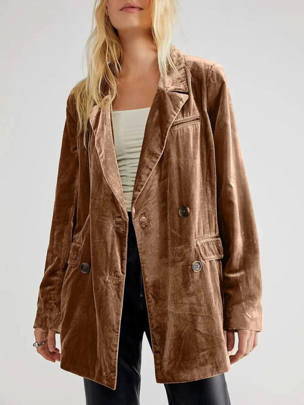 Lapel Collar Long Sleeve Blazer with Pockets - ShalayeFashion