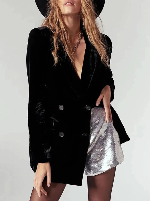 Lapel Collar Long Sleeve Blazer with Pockets - ShalayeFashion