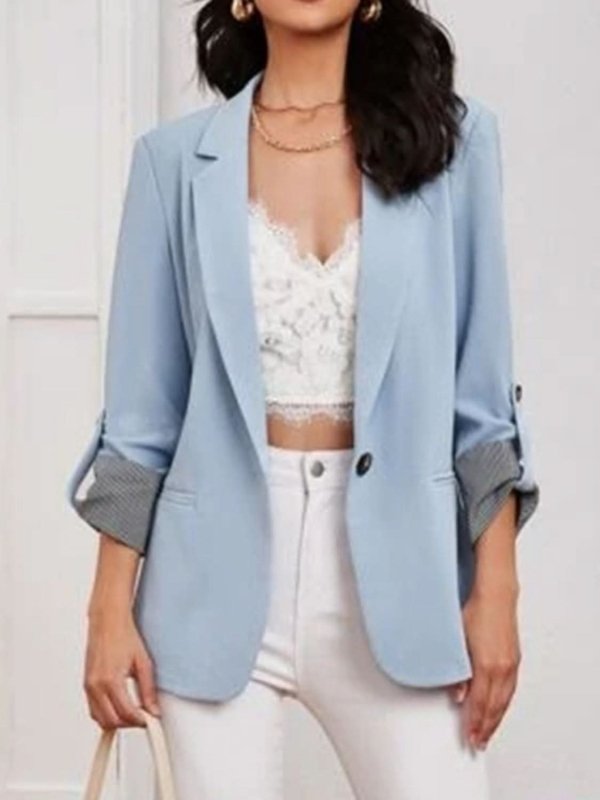 Lapel Collar Roll - Tab Sleeve Blazer - ShalayeFashion