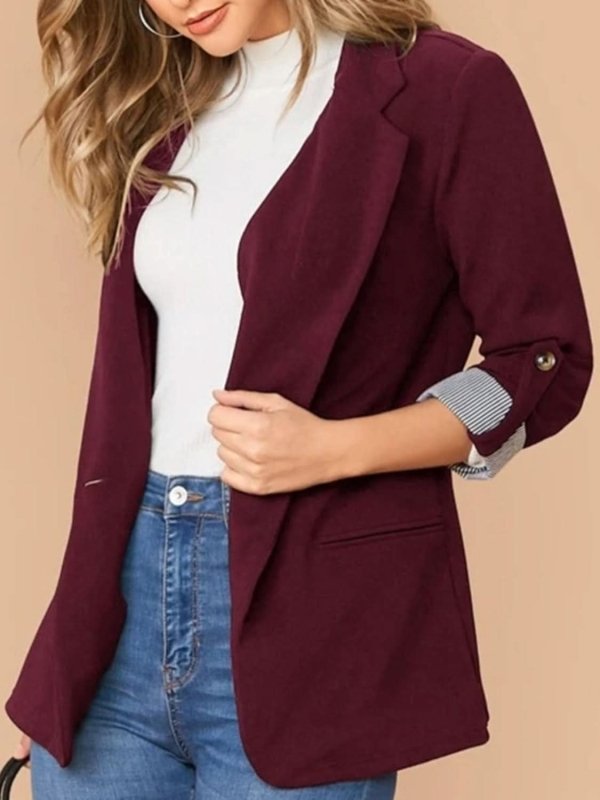 Lapel Collar Roll - Tab Sleeve Blazer - ShalayeFashion