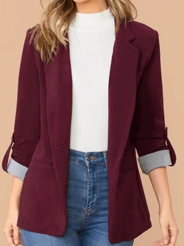 Lapel Collar Roll - Tab Sleeve Blazer - ShalayeFashion
