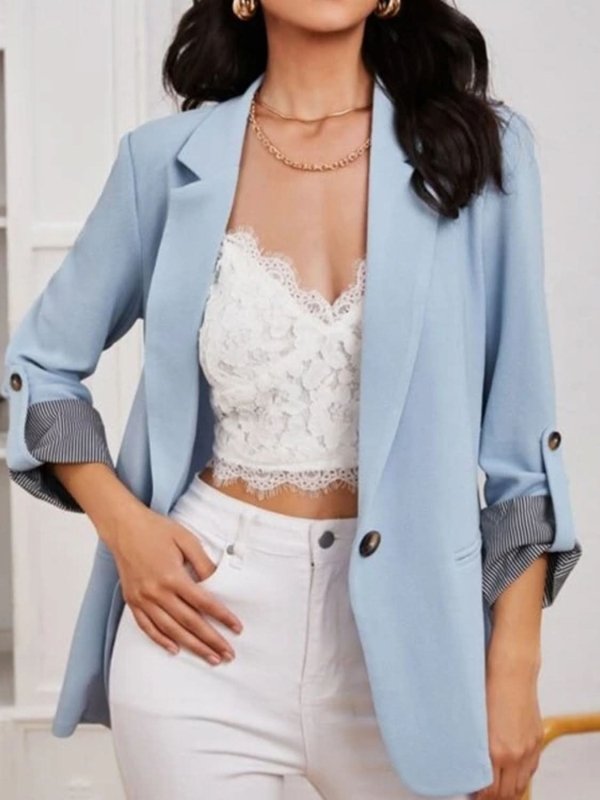 Lapel Collar Roll - Tab Sleeve Blazer - ShalayeFashion