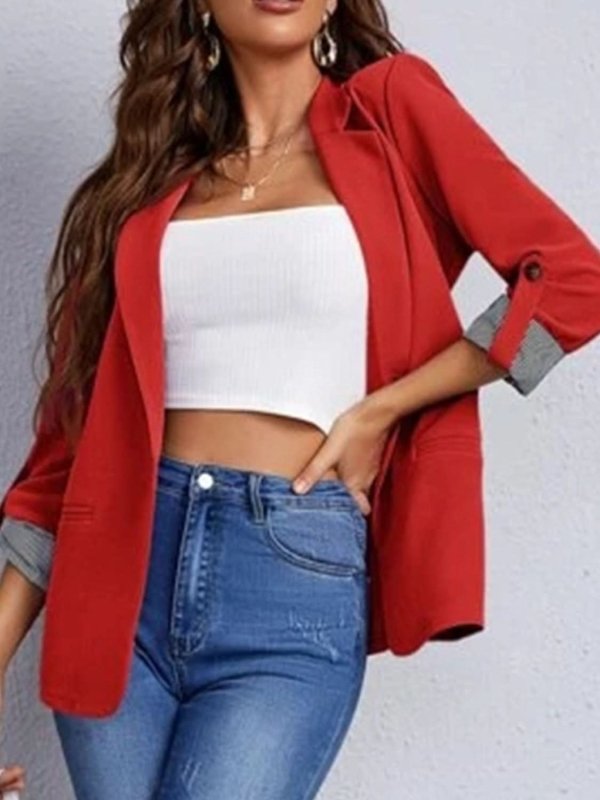 Lapel Collar Roll - Tab Sleeve Blazer - ShalayeFashion
