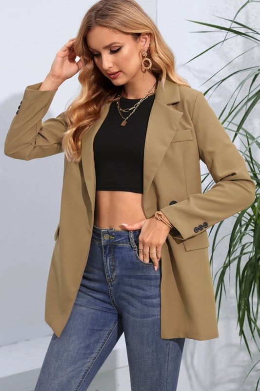 Lapel Neck Long Sleeve Blazer with Pockets - ShalayeFashion