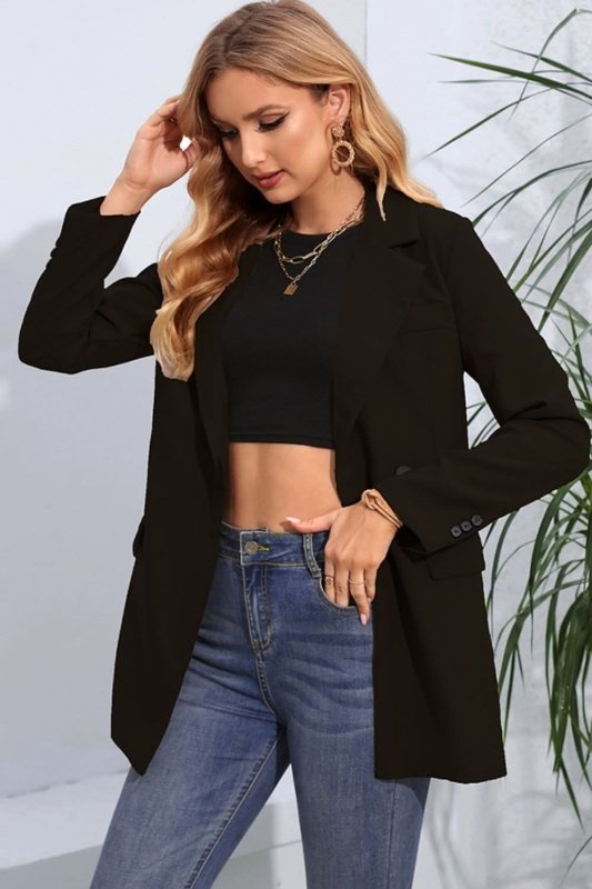 Lapel Neck Long Sleeve Blazer with Pockets - ShalayeFashion
