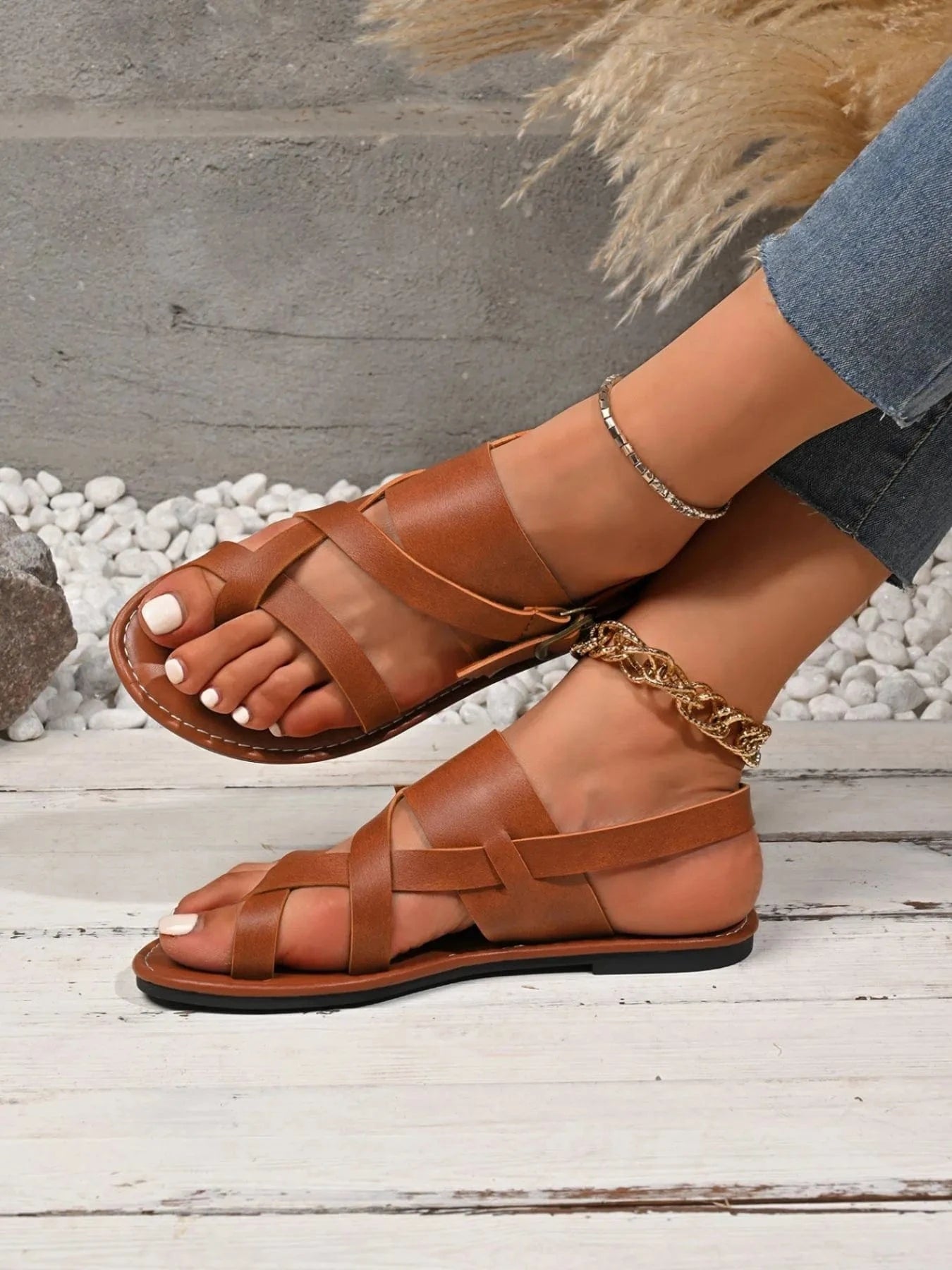 Leather Buckle Flat Sandals - ShalayeFashion