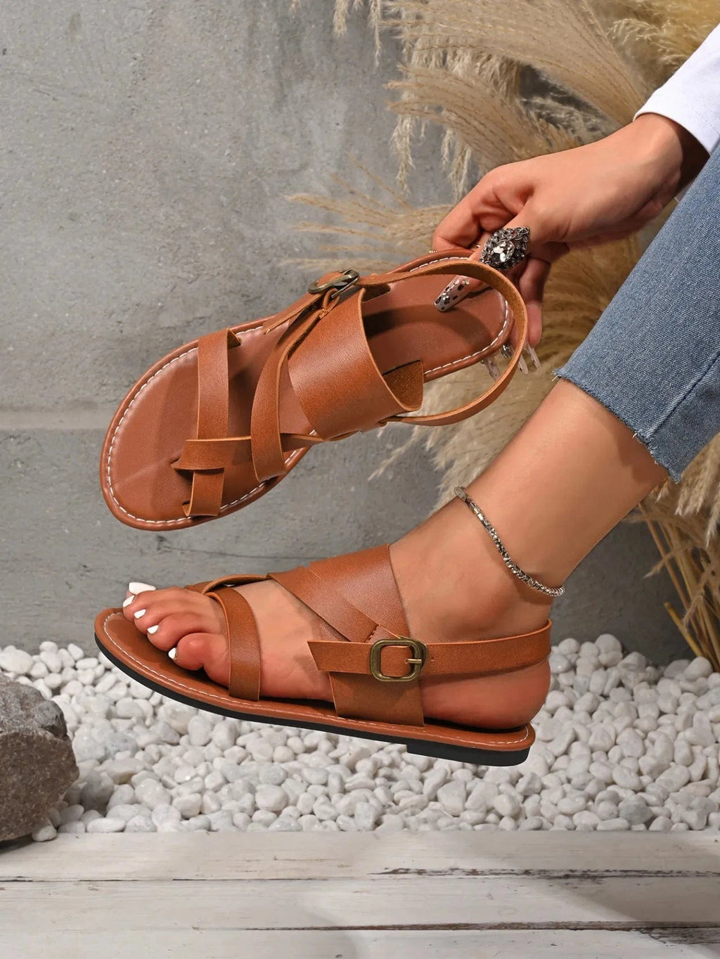 Leather Buckle Flat Sandals - ShalayeFashion