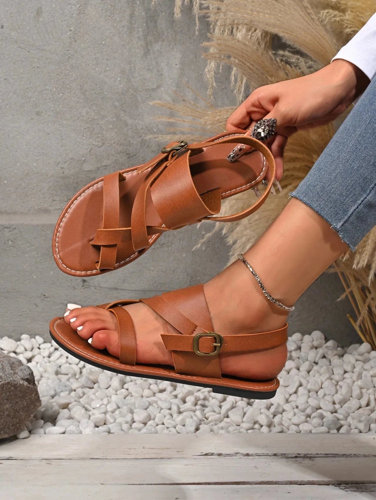 Leather Buckle Flat Sandals - ShalayeFashion