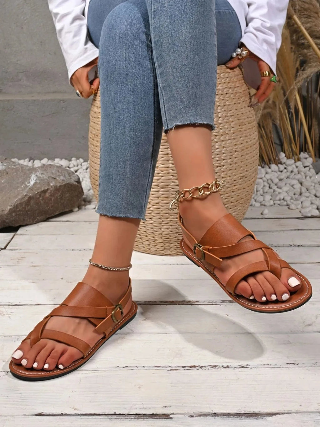 Leather Buckle Flat Sandals - ShalayeFashion