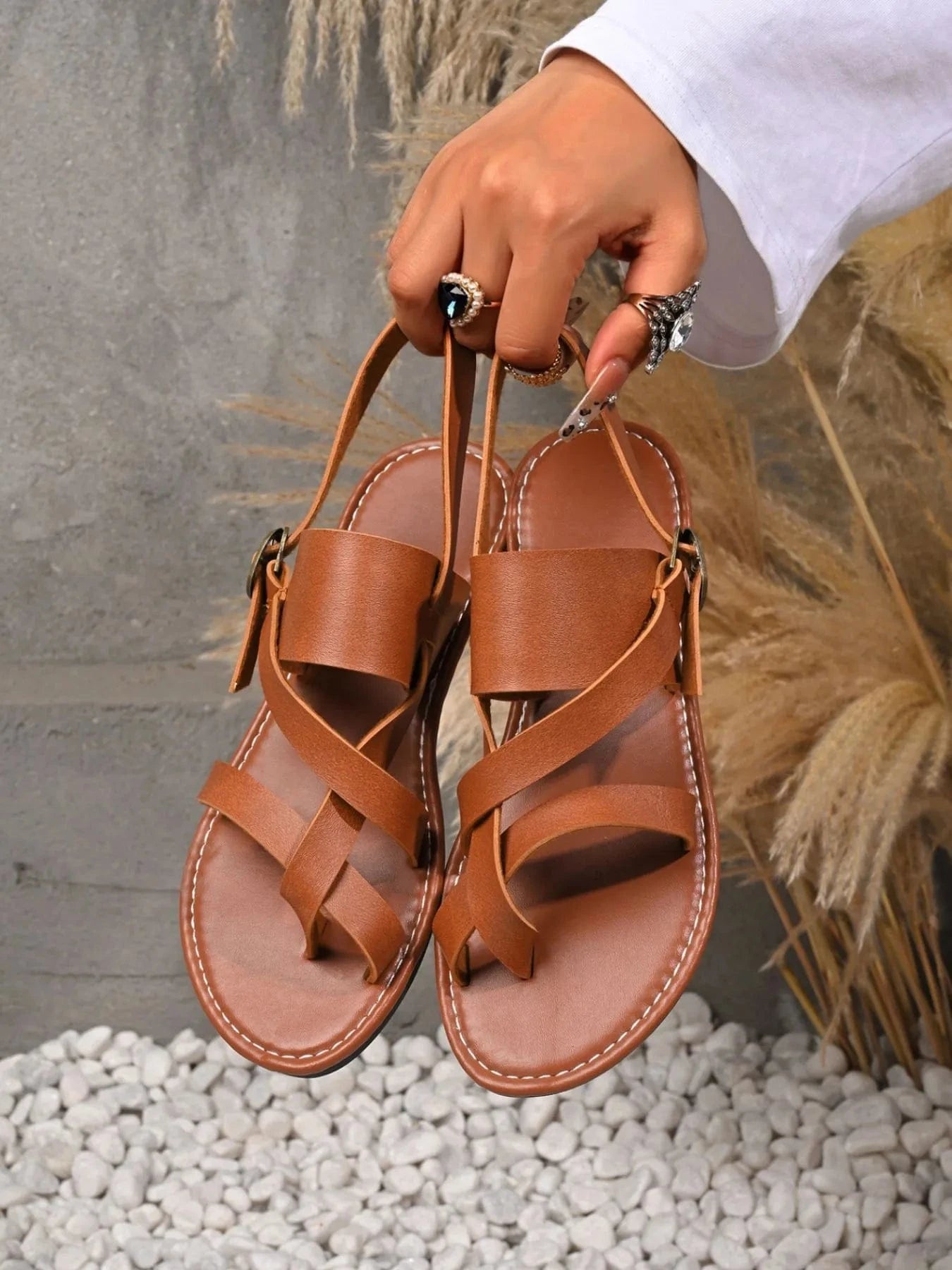 Leather Buckle Flat Sandals - ShalayeFashion