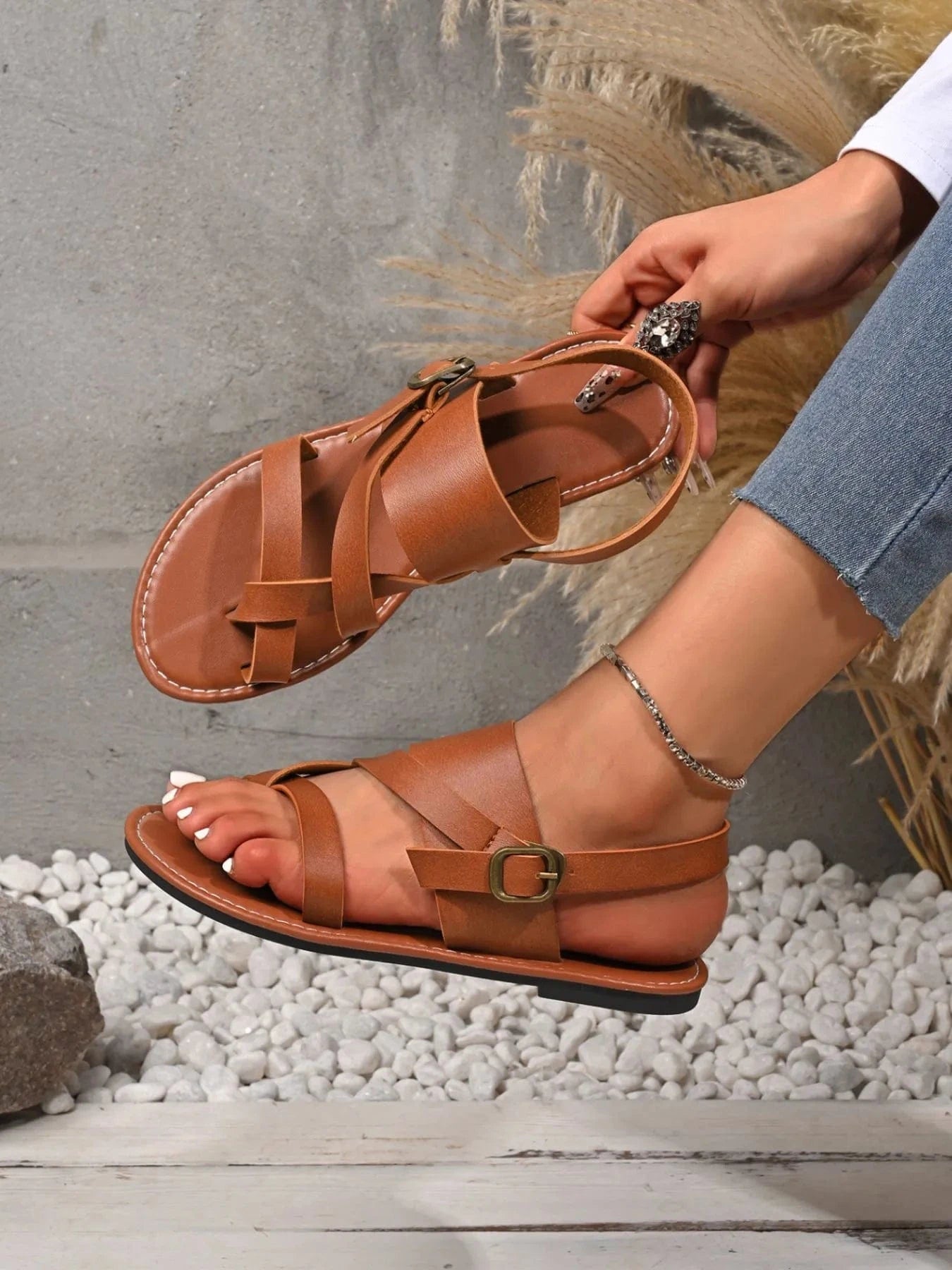 Leather Buckle Flat Sandals - ShalayeFashion