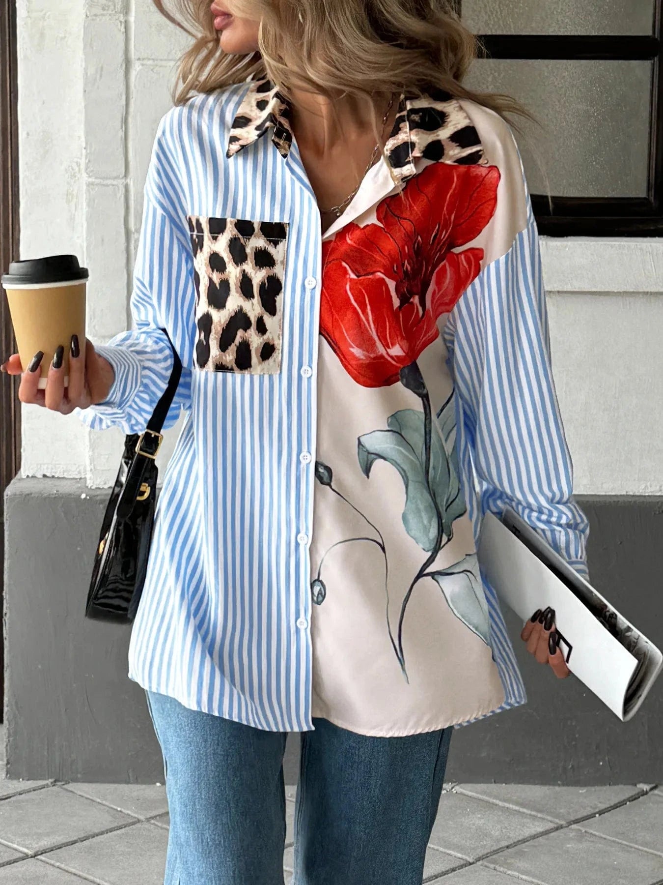 Leopard Floral Striped Casual Button - Up Shirt - ShalayeFashion