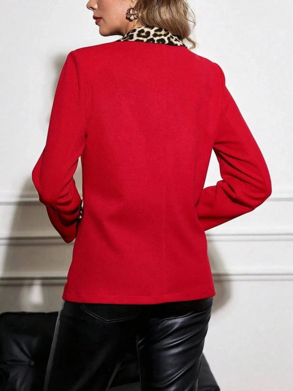 Leopard Lapel Collar Long Sleeve Blazer - ShalayeFashion
