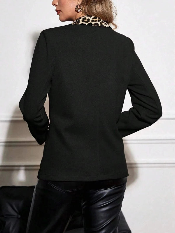 Leopard Lapel Collar Long Sleeve Blazer - ShalayeFashion