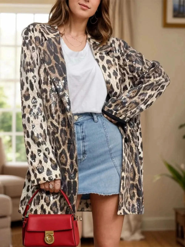Leopard Lapel Collar Long Sleeve Longline Blazer - ShalayeFashion