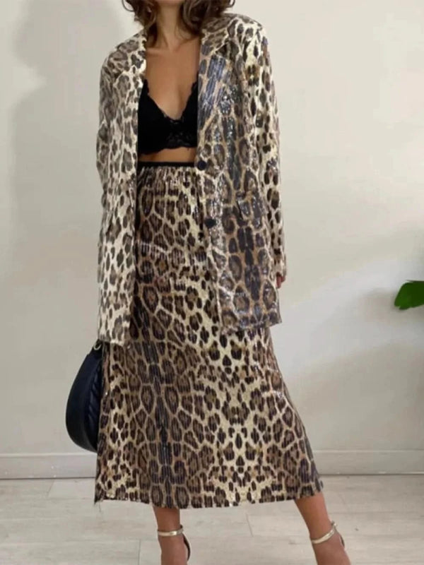 Leopard Lapel Collar Long Sleeve Longline Blazer - ShalayeFashion