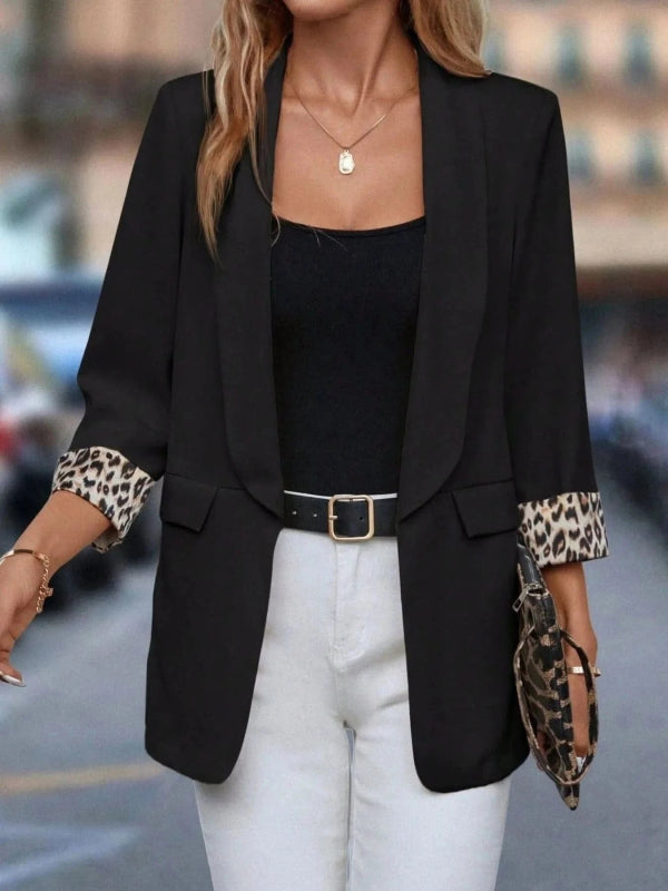 Leopard Lapel Collar Open Front Blazer - ShalayeFashion
