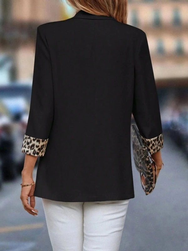 Leopard Lapel Collar Open Front Blazer - ShalayeFashion