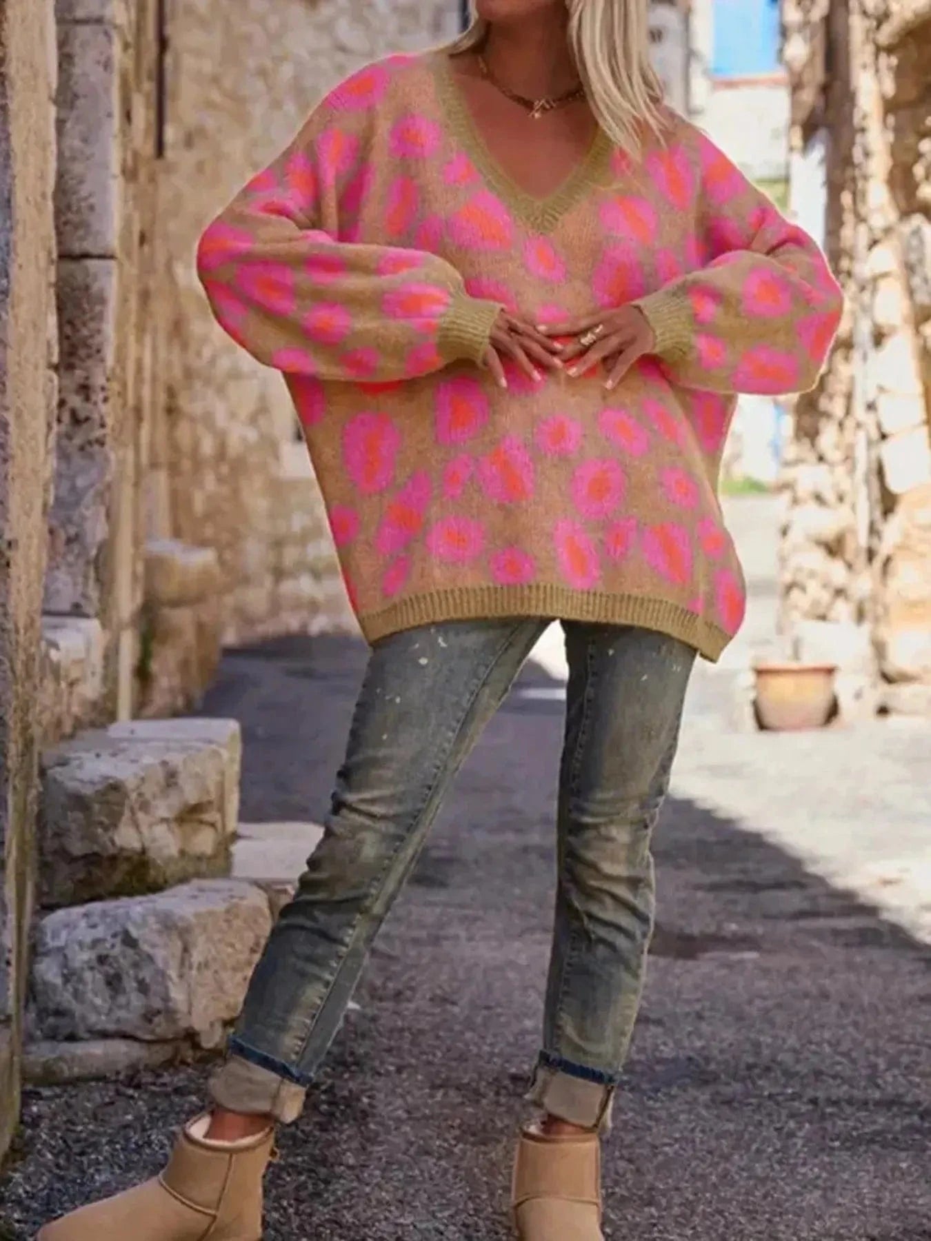 Leopard Oversized V - Neck Sweater - ShalayeFashion