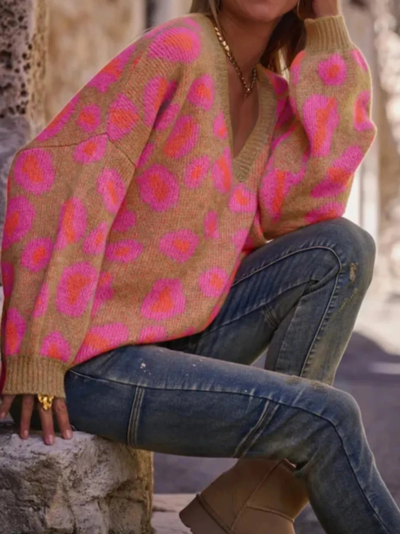 Leopard Oversized V - Neck Sweater - ShalayeFashion