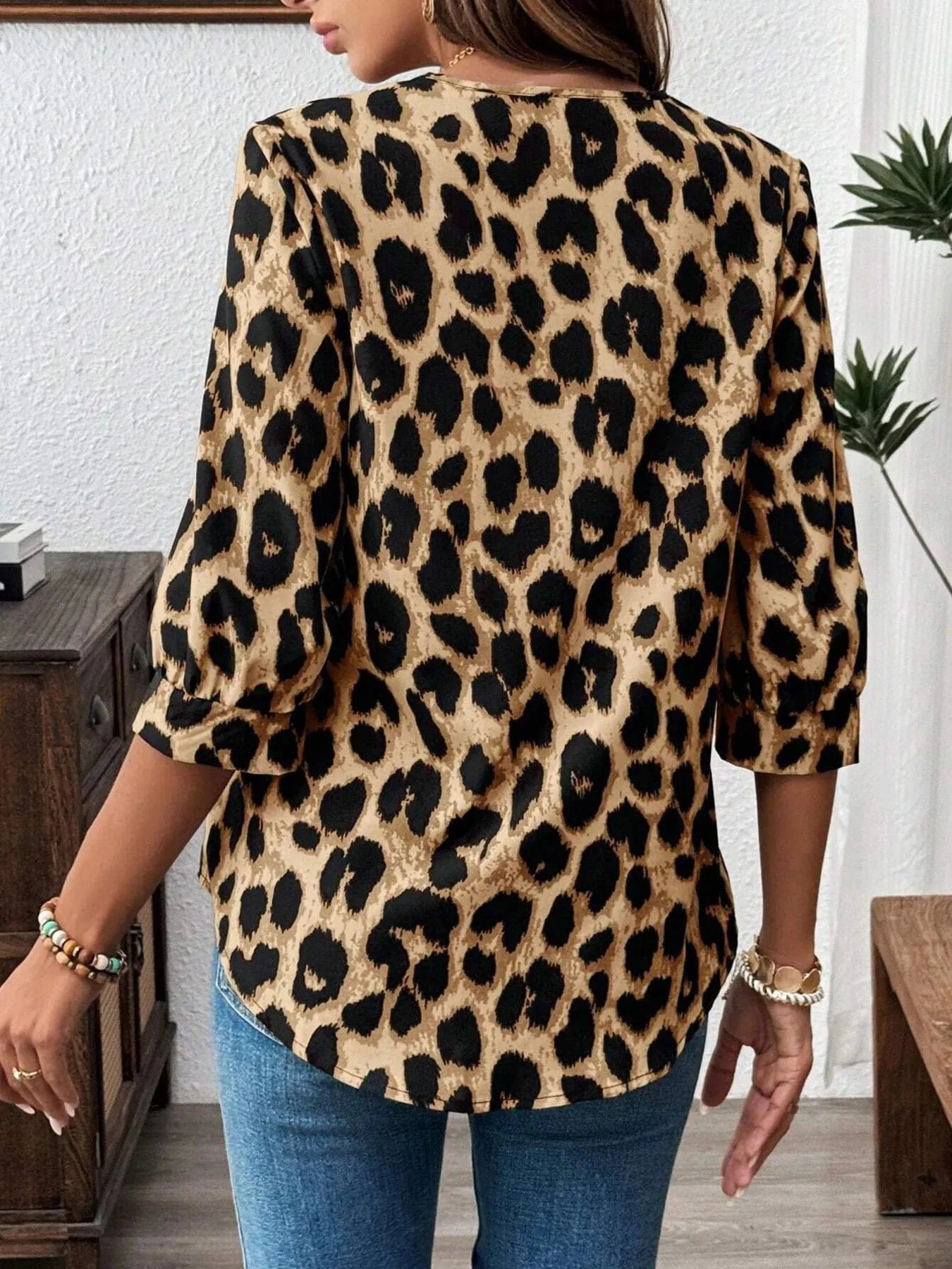 Leopard Print 3/4 Sleeve Blouse - ShalayeFashion