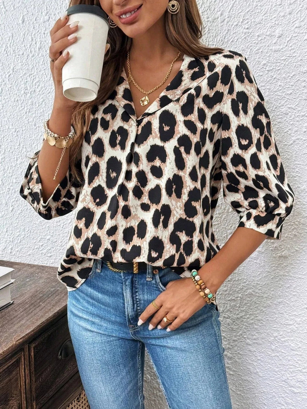 Leopard Print 3/4 Sleeve Blouse - ShalayeFashion