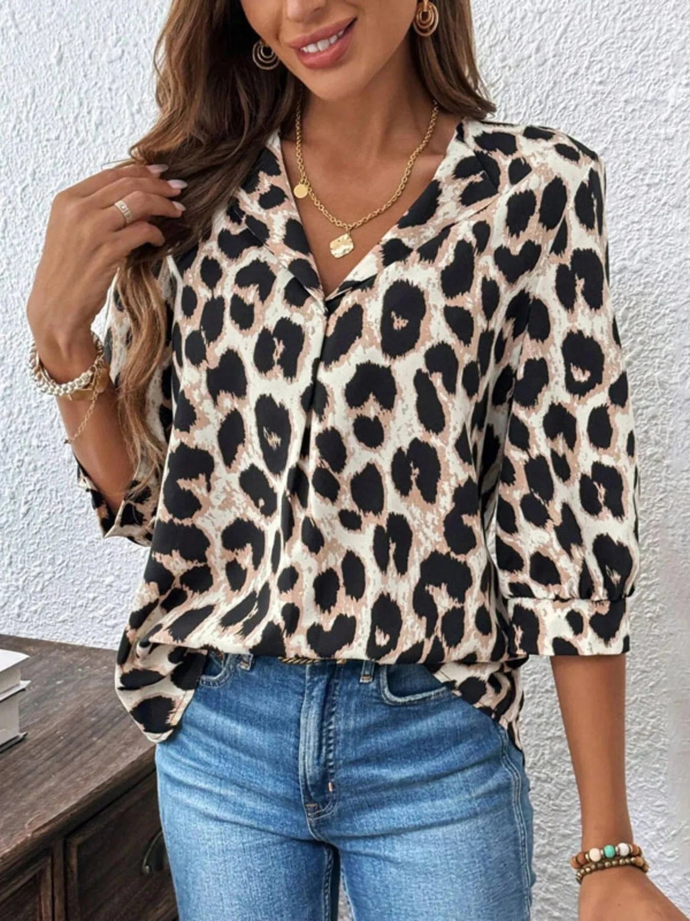 Leopard Print 3/4 Sleeve Blouse - ShalayeFashion