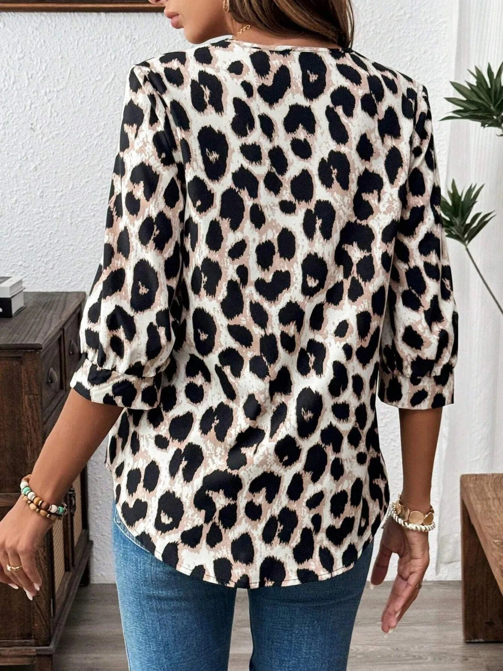 Leopard Print 3/4 Sleeve Blouse - ShalayeFashion