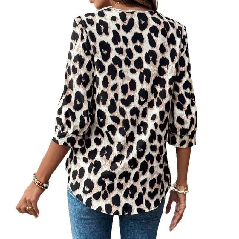 Leopard Print 3/4 Sleeve Blouse - ShalayeFashion