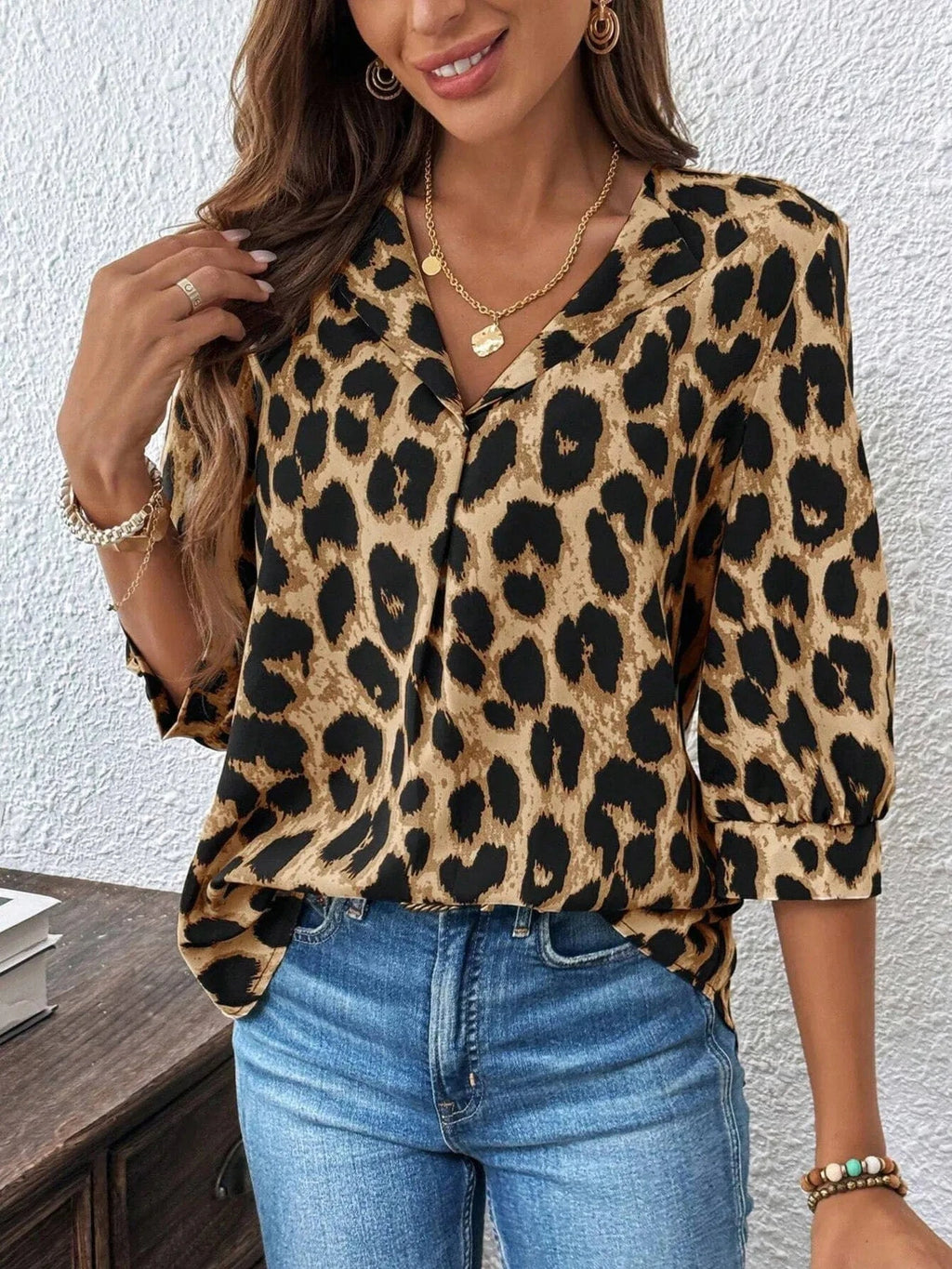 Leopard Print 3/4 Sleeve Blouse - ShalayeFashion