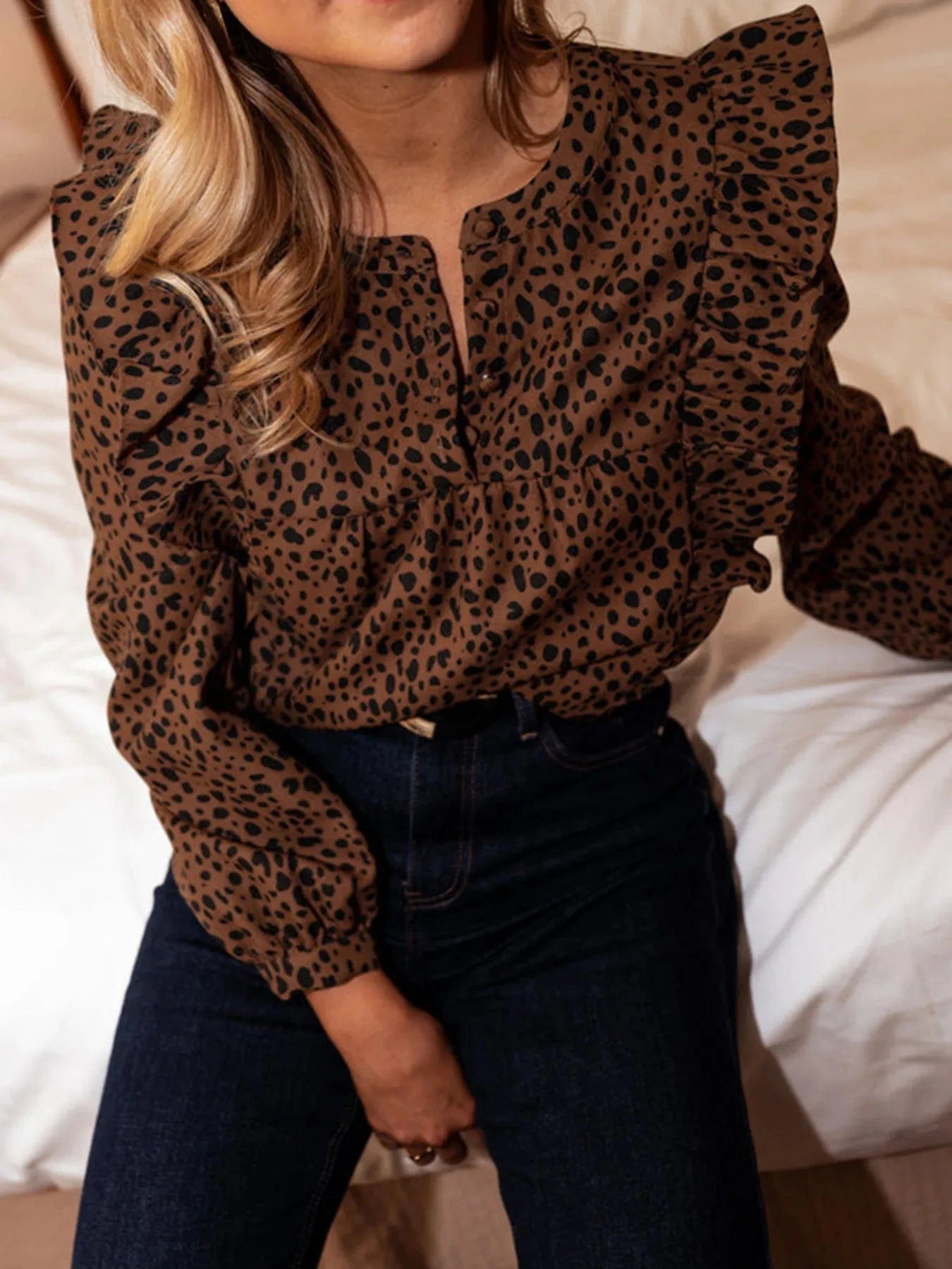 Leopard Print Ruffled Puff Sleeve Blouse - ShalayeFashion