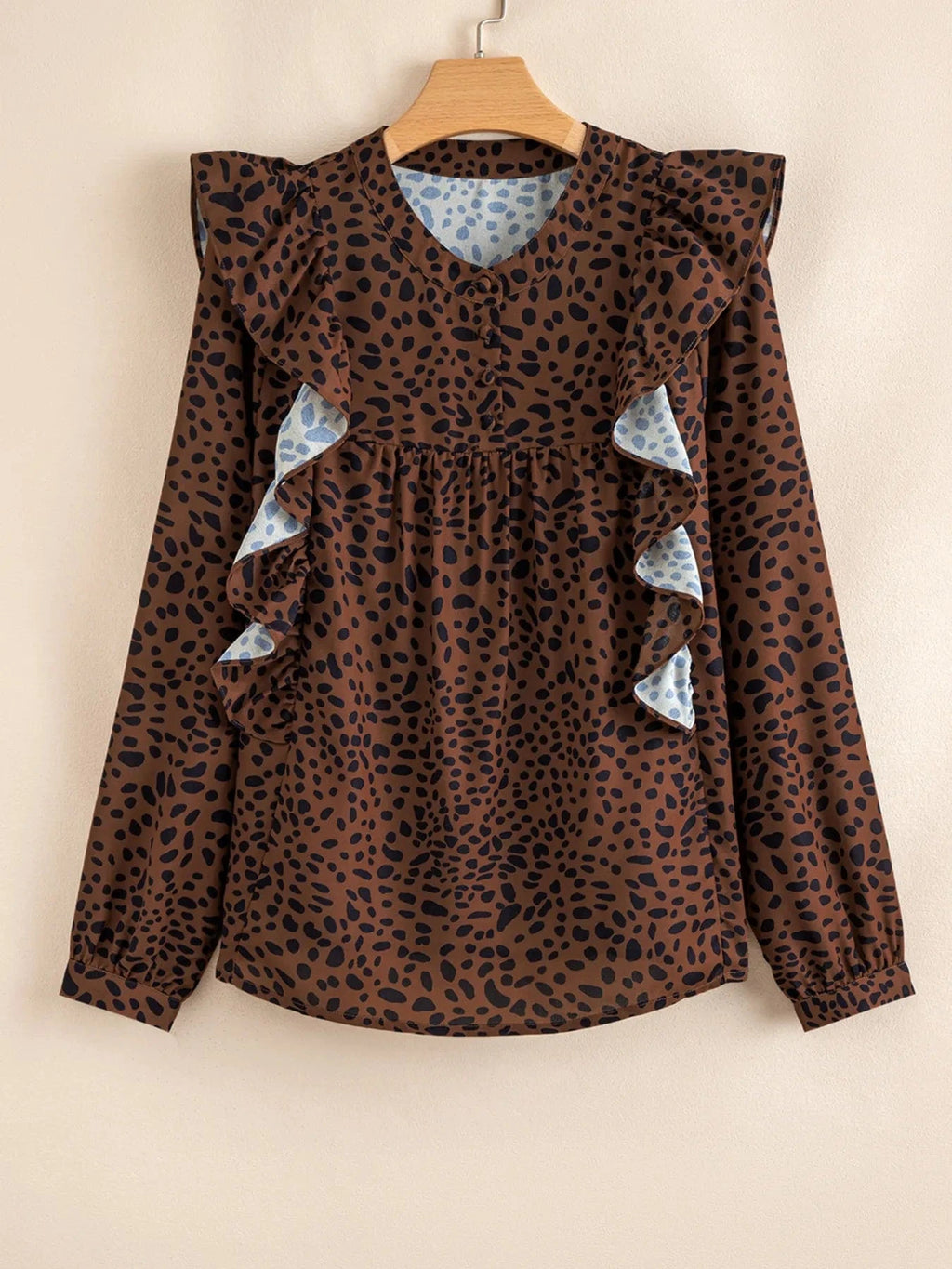 Leopard Print Ruffled Puff Sleeve Blouse - ShalayeFashion