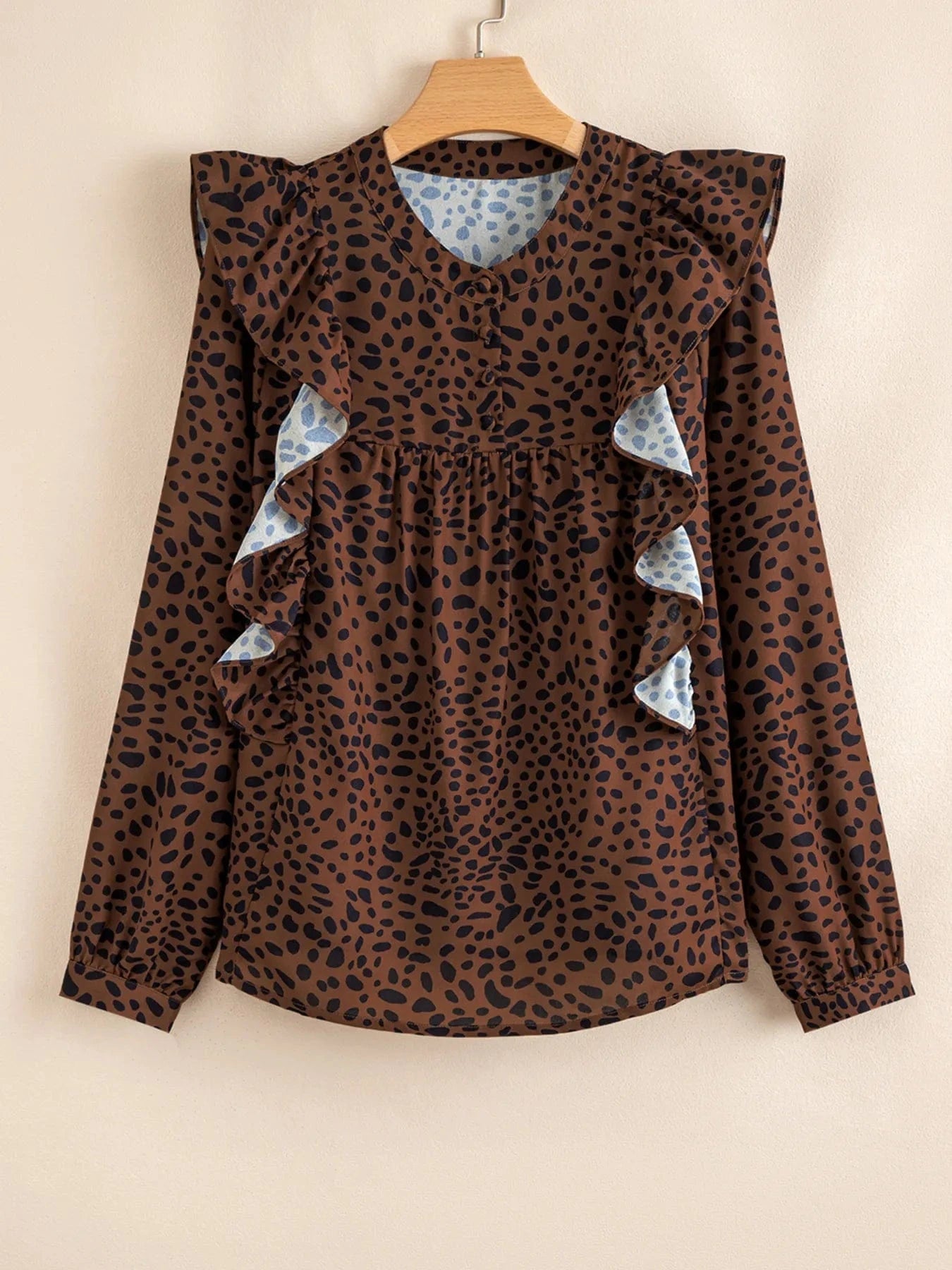 Leopard Print Ruffled Puff Sleeve Blouse - ShalayeFashion