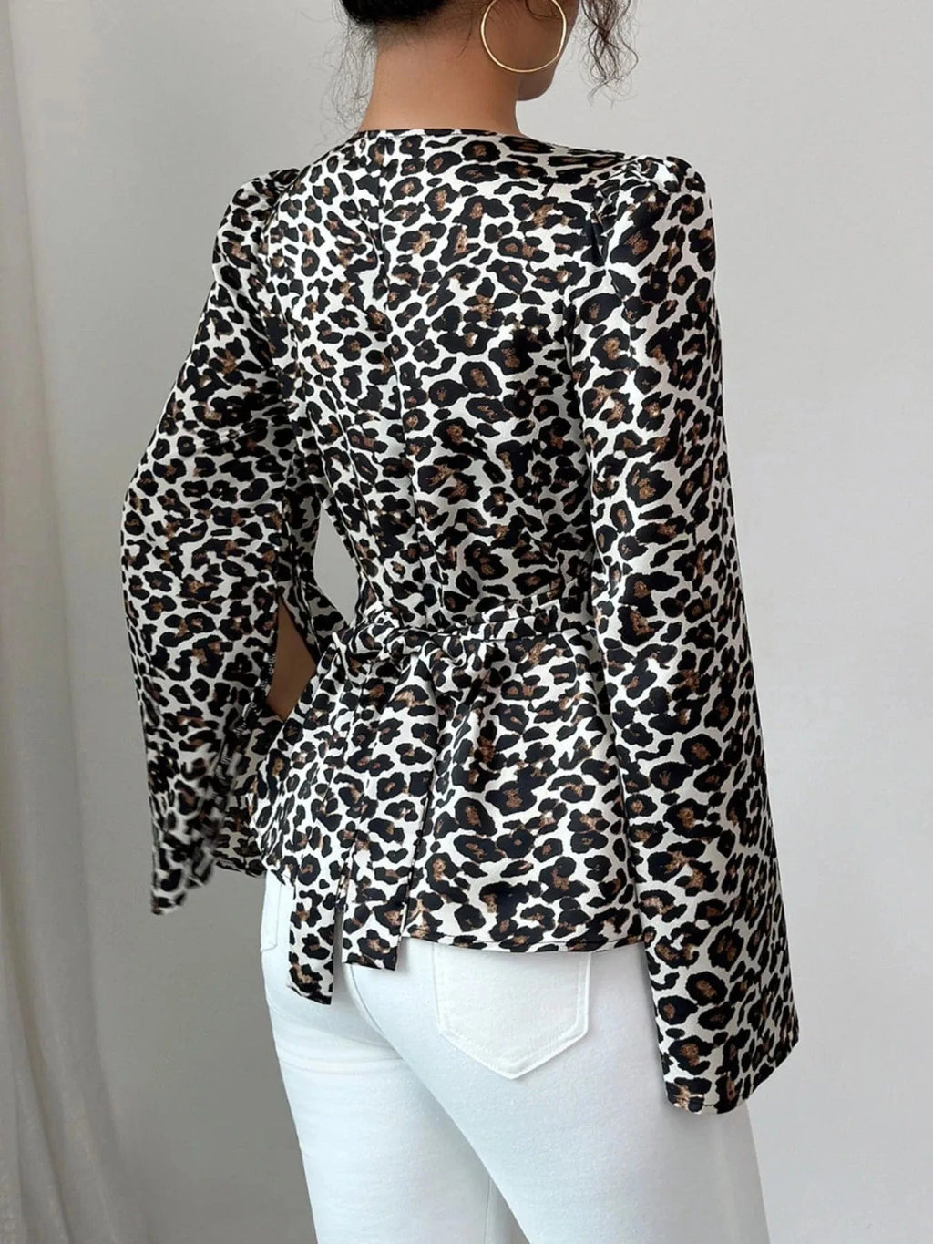 Leopard Print Slit Sleeve Blouse - ShalayeFashion