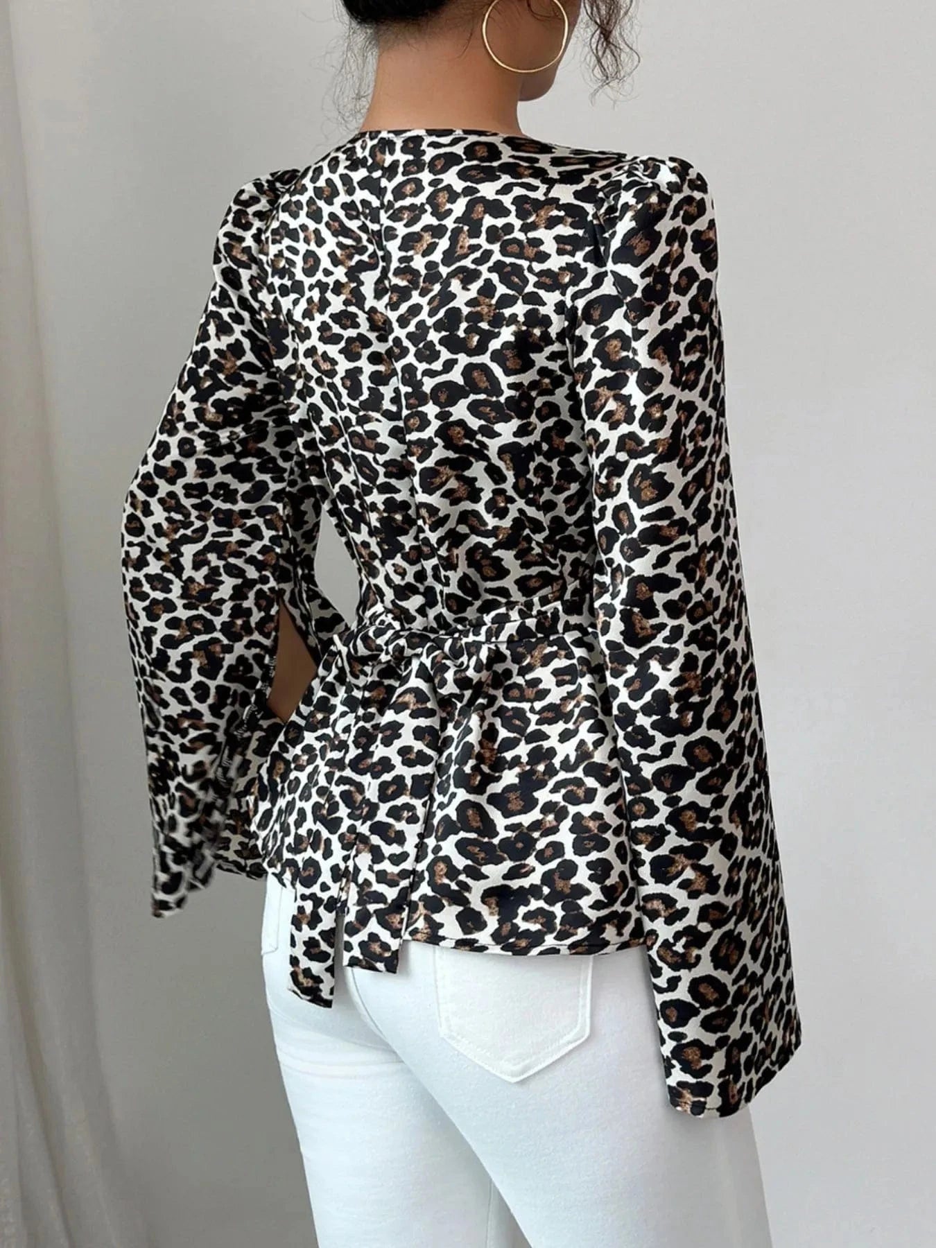 Leopard Print Slit Sleeve Blouse - ShalayeFashion
