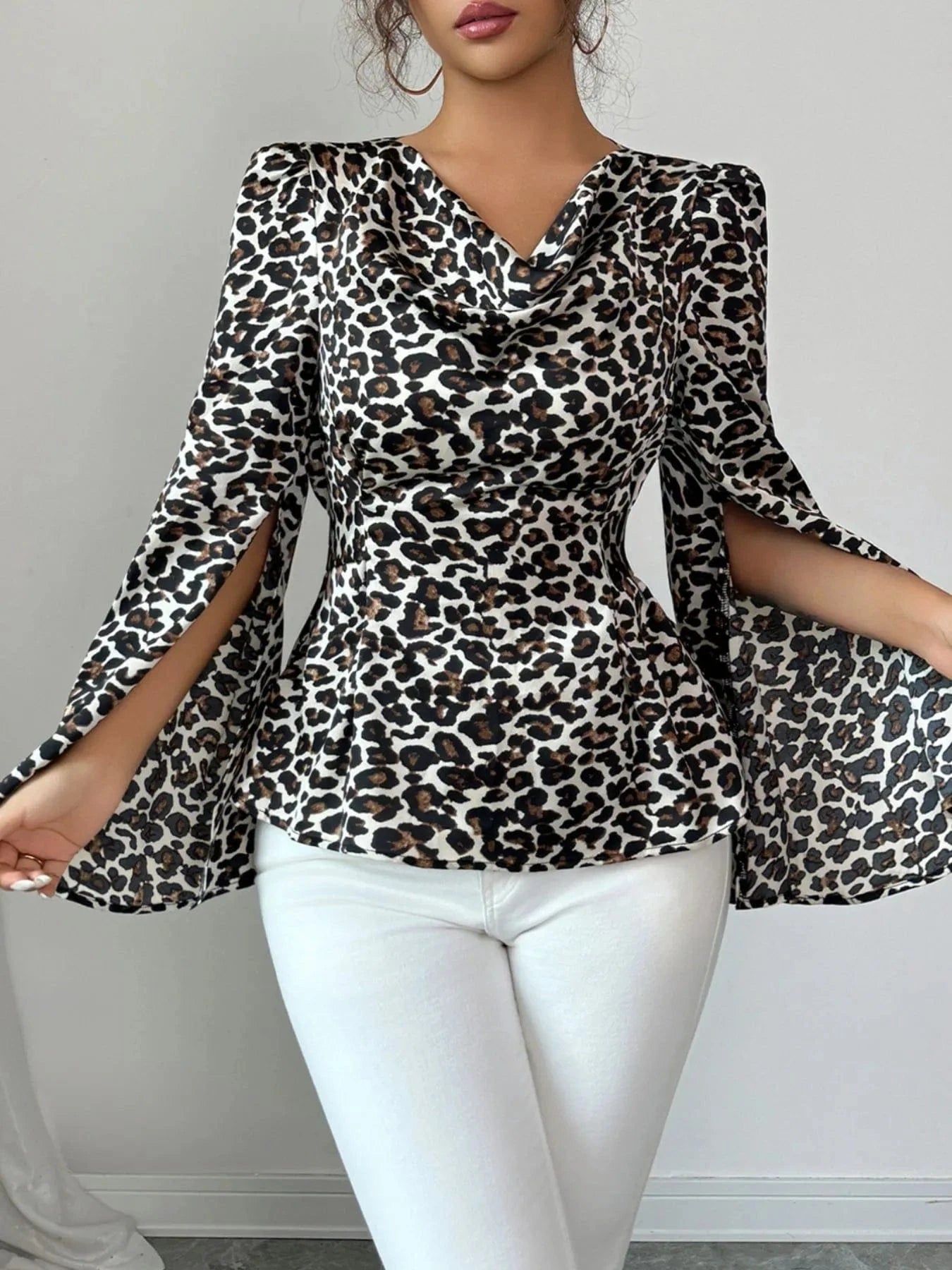 Leopard Print Slit Sleeve Blouse - ShalayeFashion