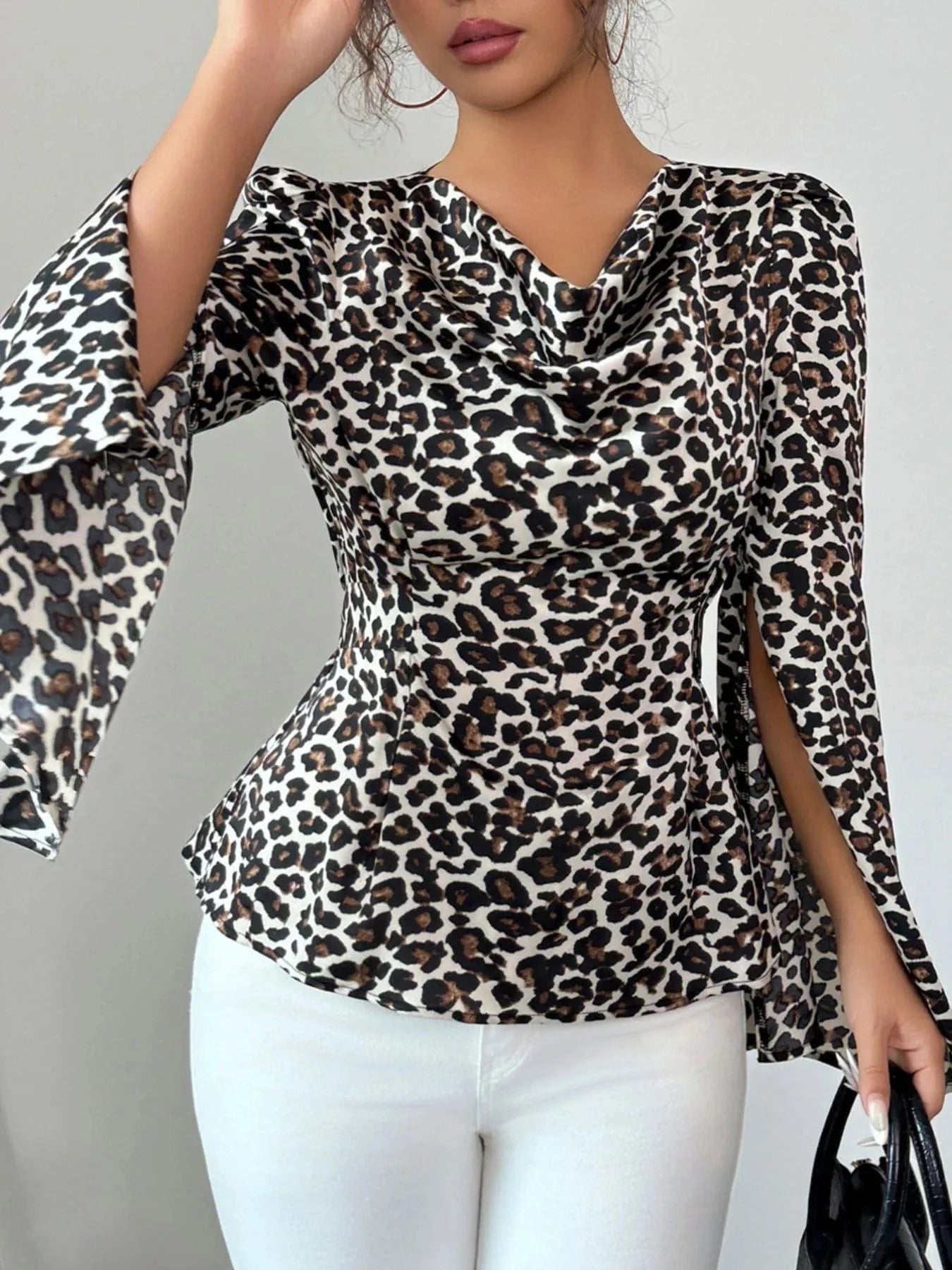 Leopard Print Slit Sleeve Blouse - ShalayeFashion