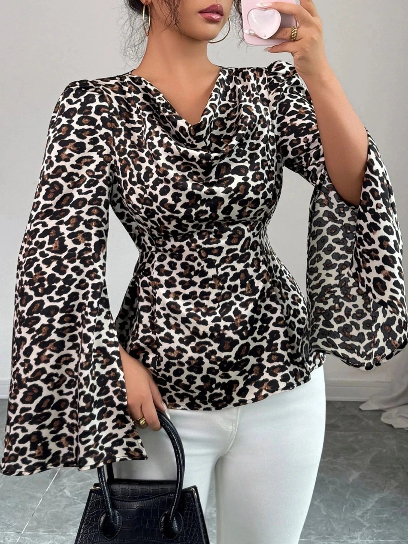 Leopard Print Slit Sleeve Blouse - ShalayeFashion