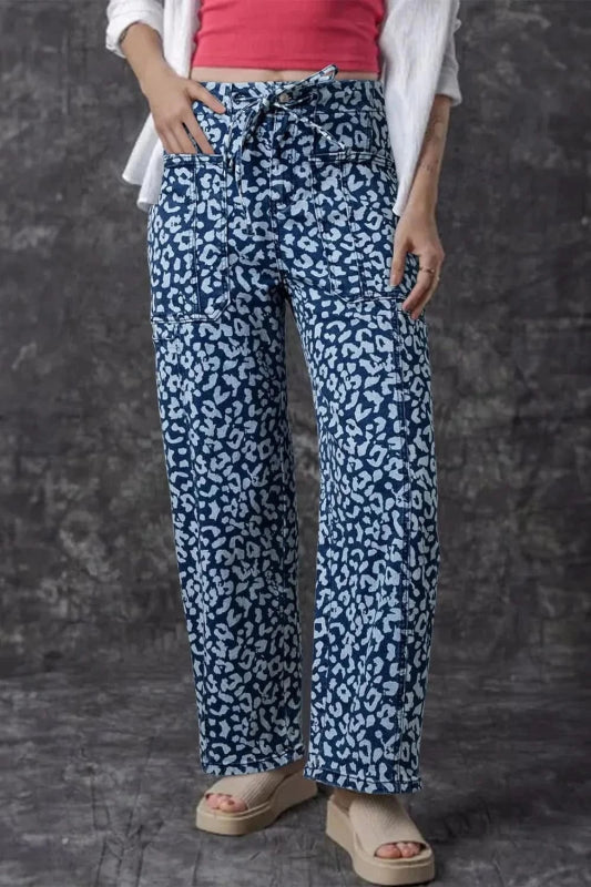 Leopard Print Wide Leg Jeans - ShalayeFashion