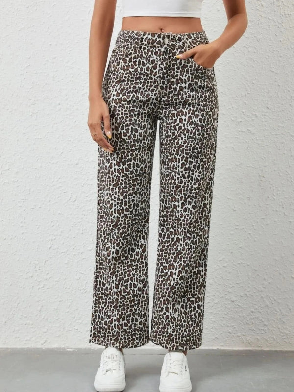 Leopard Print Wide Leg Jeans - ShalayeFashion