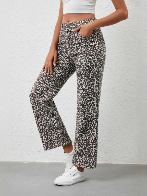 Leopard Print Wide Leg Jeans - ShalayeFashion