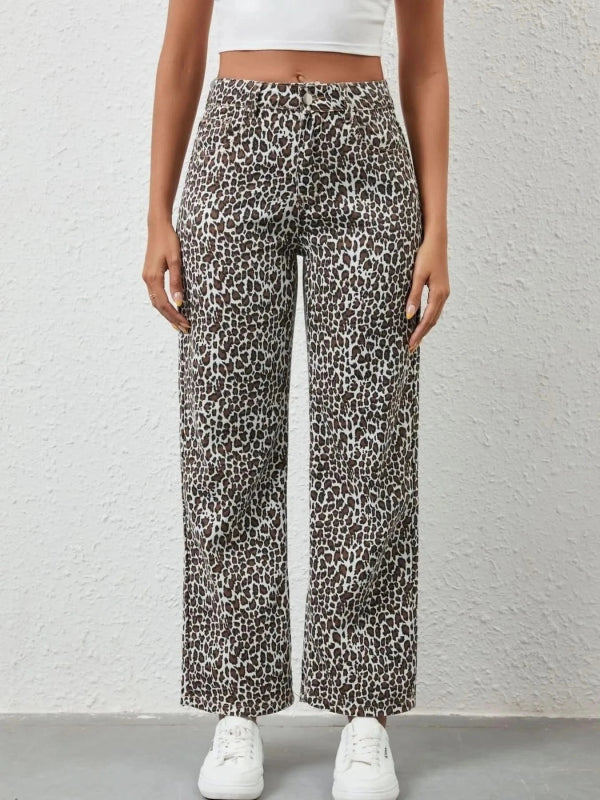 Leopard Print Wide Leg Jeans - ShalayeFashion